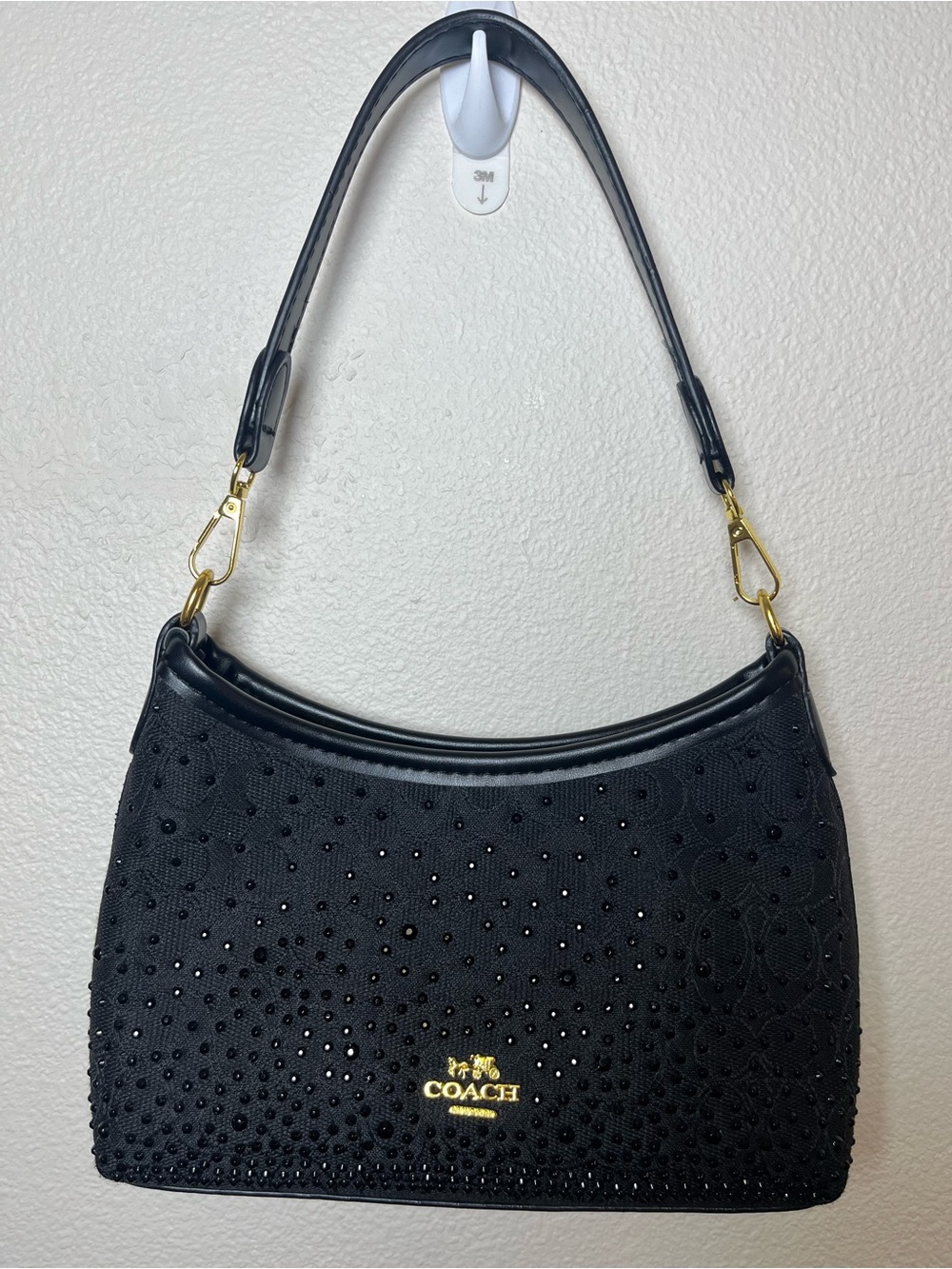 Coach Black Crystal-Studded Shoulder Bag with Gold Hardware